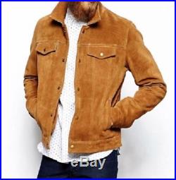 Mens Brown Soft Suede Leather Denim Style Western Trucker Summer Native Jacket