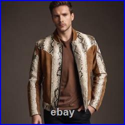 Mens Brown Suede Lambskin Leather Bomber Jacket Python Snake Texture Coat Jacket