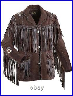 Mens Brown Western Suede Leather Cowboy Style Fringed American Coat Jacket