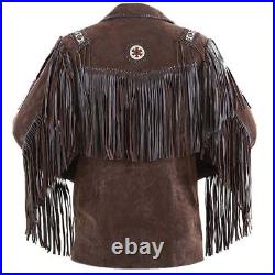 Mens Brown Western Suede Leather Cowboy Style Fringed American Coat Jacket