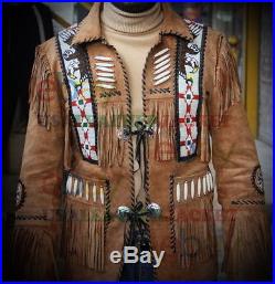 Mens Brown western suede Leather Jacket with bones eagle Beads patches, fringe