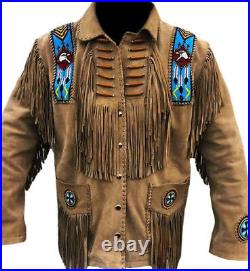 Mens Buckskin Leather Suede Jacket Fringes Deerskin Mountain Man Native American