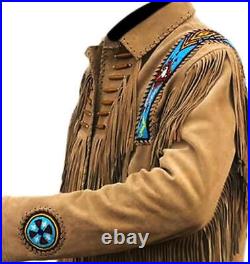 Mens Buckskin Leather Suede Jacket Fringes Deerskin Mountain Man Native American