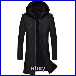 Mens Cashmere Hooded Windbreaker Jackets Outwear Wool Blend Zipper Coat Casual