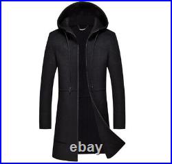 Mens Cashmere Jackets Windbreaker Hooded Wool Blend Casual Zipper Coat Outwear