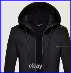 Mens Cashmere Jackets Windbreaker Hooded Wool Blend Casual Zipper Coat Outwear