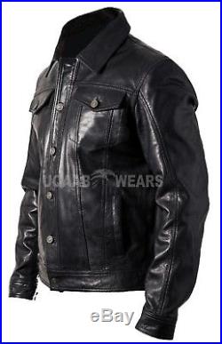 Mens Casual Real Leather Denim Jeans Style Star Button Western Trucker Jacket