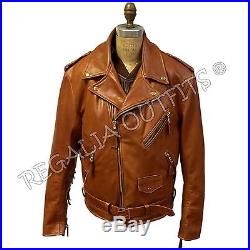 Mens Classic Brando Western Fringe Genuine Motorcycle Biker Leather Jacket
