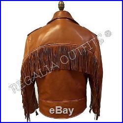 Mens Classic Brando Western Fringe Genuine Motorcycle Biker Leather Jacket