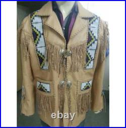 Mens Cowboy Beige Leather Jacket Western Coat Fringes, Cowboy Jacket Men