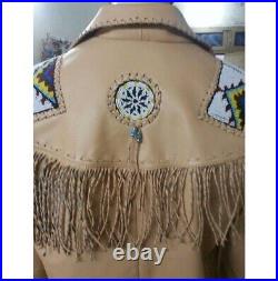 Mens Cowboy Beige Leather Jacket Western Coat Fringes, Cowboy Jacket Men