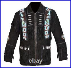 Mens Cowboy Jacket Black Suede Fringed Beads Bones 80s Fashion Western Wear Coat