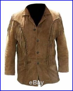 Mens Cowboy Jacket Suede Leather Native American Style Fringe Western Wear Coat