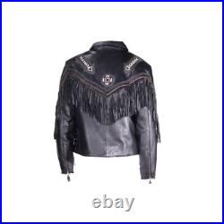 Mens Cowboy Leather Jacket American Fringed Style Beads Western Wear Coat New