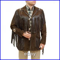 Mens Cowboy Native American Fringe Style Western Chocolate Brown Coat Jacket