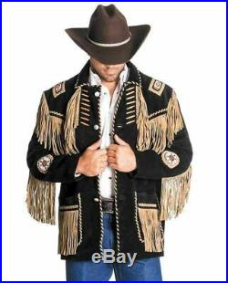 Mens Cowboy Native American Fringe Style Western Chocolate Coat Jacket 80s Style