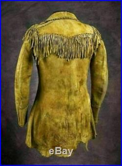 Mens Cowboy Native American Western Buckskin Fringes Leather Jacket Coat