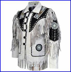 Mens Cowboy Suede Black & White Jacket Western Coat Fringes Beads, Cowboy Jacket Mens Cowboy Suede Black & White Jacket Western Coat Fringes Beads, Cowboy Jacket