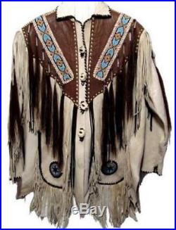 Mens Cowboy Suede Leather Jacket Western Coat Fringes Beads American Indian 80's