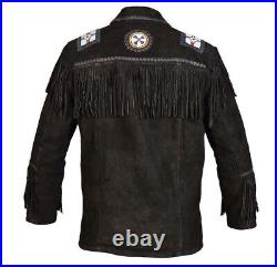Mens Cowboy Western Jacket Suede Leather Fringe Beads Bone Style Brown Coat US