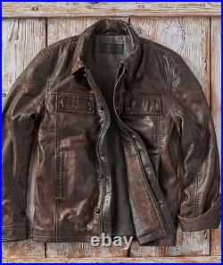 Mens Cowhide Leather Jacket American Casual Indian Workwear Style Retro Coat