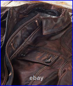 Mens Cowhide Leather Jacket American Casual Indian Workwear Style Retro Coat