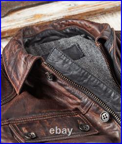 Mens Cowhide Leather Jacket American Casual Indian Workwear Style Retro Coat