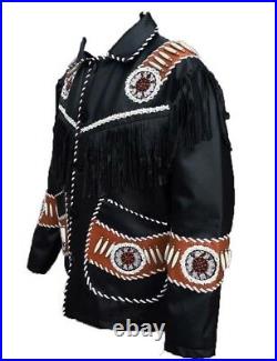 Mens Cowhide Leather Jacket Black Fringe Beats Bone Native American Western Coat