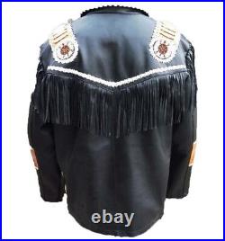 Mens Cowhide Leather Jacket Black Fringe Beats Bone Native American Western Coat