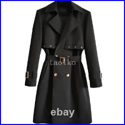 Mens Double Breasted Lapel Collar Mid Long Trench Coat Jackets Outwears Belt