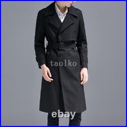 Mens Double Breasted Lapel Collar Mid Long Trench Coat Jackets Overcoat Belt 6XL
