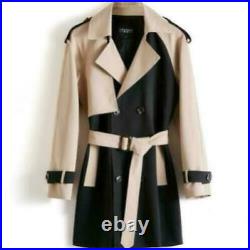 Mens Double Breasted Mid Long Trench Coat Overcoat Color Block Loose Jacket Belt