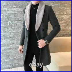Mens Double Breasted Woolen Jacket Trench Coat Faux Fur Collar Classic Casual L