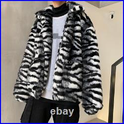 Mens Faux Fur Coat Short Jackets Stand Collar Winter Loose Fit Printed Zipper XL