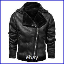 Mens Faux Leather Jacket Motorcycle Short Coat Zip Faux Fur Lined Pocket Winter
