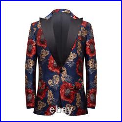 Mens Floral Short Jacket One Button Jacquard Weave Casual Party Blazers Coat 3XL