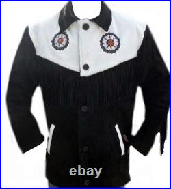 Mens Fringe Style Black and White Western Coat Jacket Native American Style