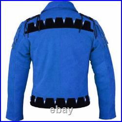 Mens Fringe Style Blue Traditional Western Coat Jacket Native American Style