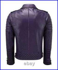 Mens Genuine Lambskin Quilted Biker Jacket Motorcycle Purple Leather Jacket Coat