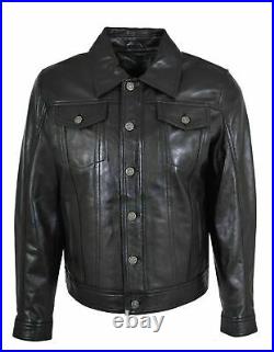 Mens Genuine Leather Trucker Jacket American Western Denim Levis Style Coat Cuir