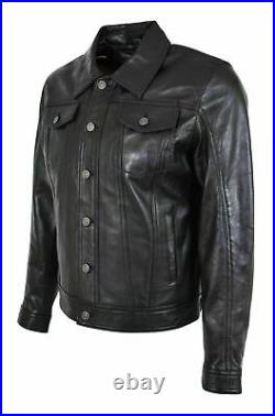 Mens Genuine Leather Trucker Jacket American Western Denim Levis Style Coat Cuir