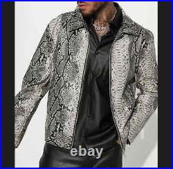 Mens Gothic Gray Exotic Snake Python Texture Leather Jacket Fashion Stylish Coat