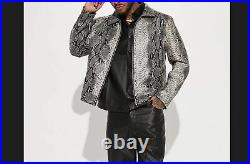 Mens Gothic Gray Exotic Snake Python Texture Leather Jacket Fashion Stylish Coat