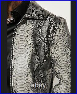 Mens Gothic Gray Exotic Snake Python Texture Leather Jacket Fashion Stylish Coat