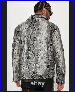 Mens Gothic Gray Exotic Snake Python Texture Leather Jacket Fashion Stylish Coat