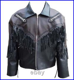 Mens Hand Made Western Leather Wear Cowboy Fringe Style Beads Coat Jacket