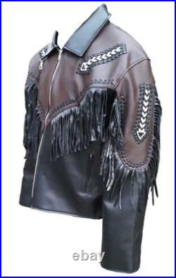 Mens Hand Made Western Leather Wear Cowboy Fringe Style Beads Coat Jacket