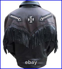 Mens Hand Made Western Leather Wear Cowboy Fringe Style Beads Coat Jacket