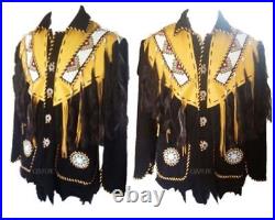 Mens Hand Made Western Suede Leather Cowboy Fringe Style Beads Coat Jacket