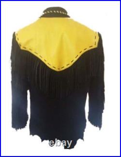 Mens Hand Made Western Suede Leather Cowboy Fringe Style Beads Coat Jacket